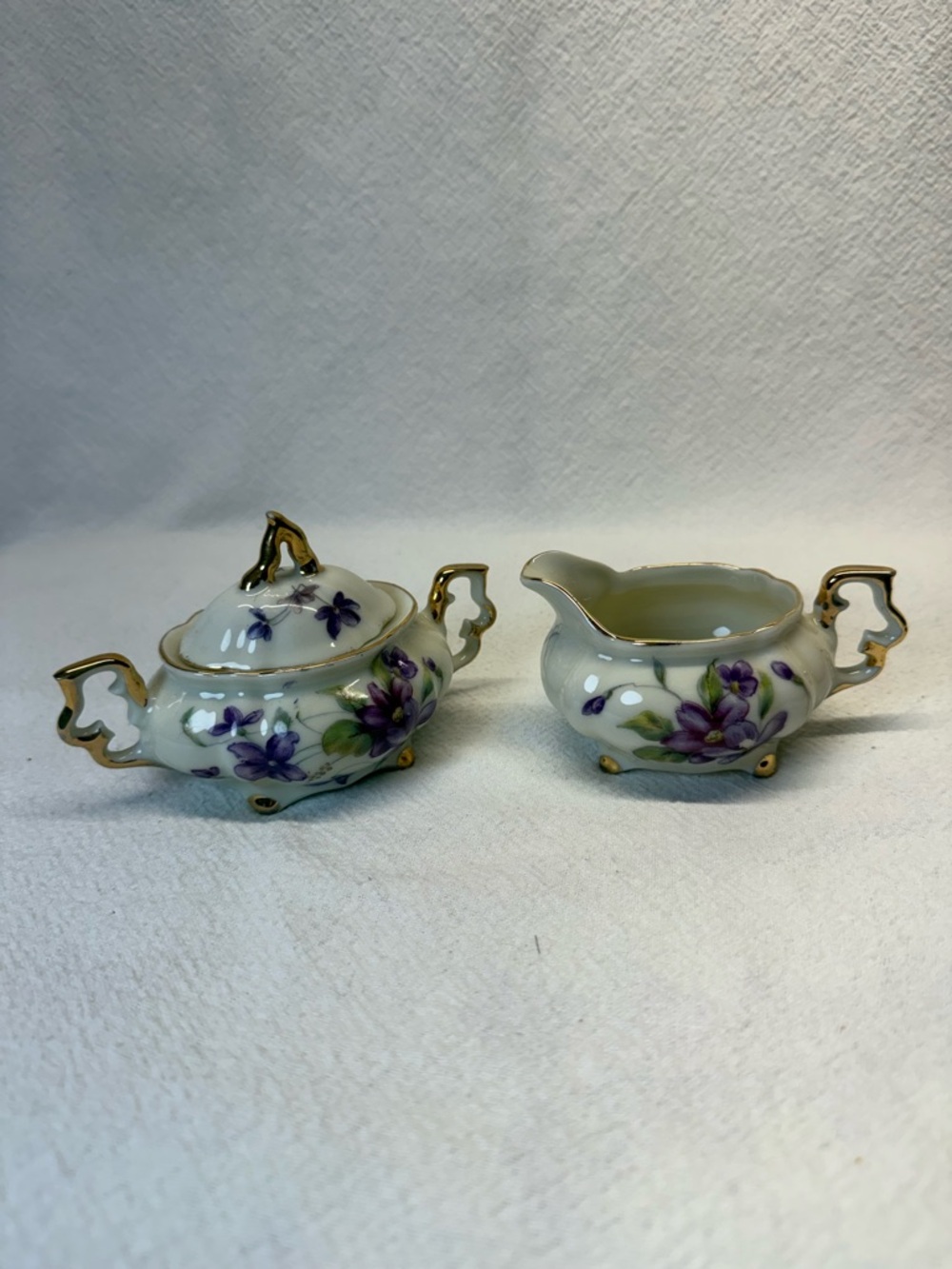 VTG Royal Sealy bone china sugar bowl & cream set purple violet floral gold trim